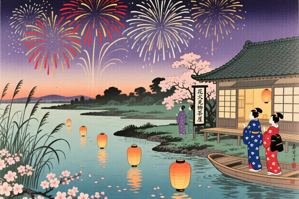 A fireworks display sending lanterns onto a calm river at dusk.