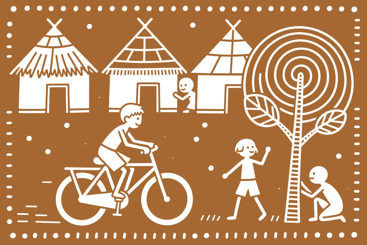 A young boy learning to ride a bicycle playing hide and seek behind a row of huts.