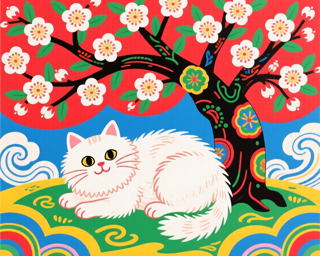 A fluffy white cat resting under a blossoming tree.