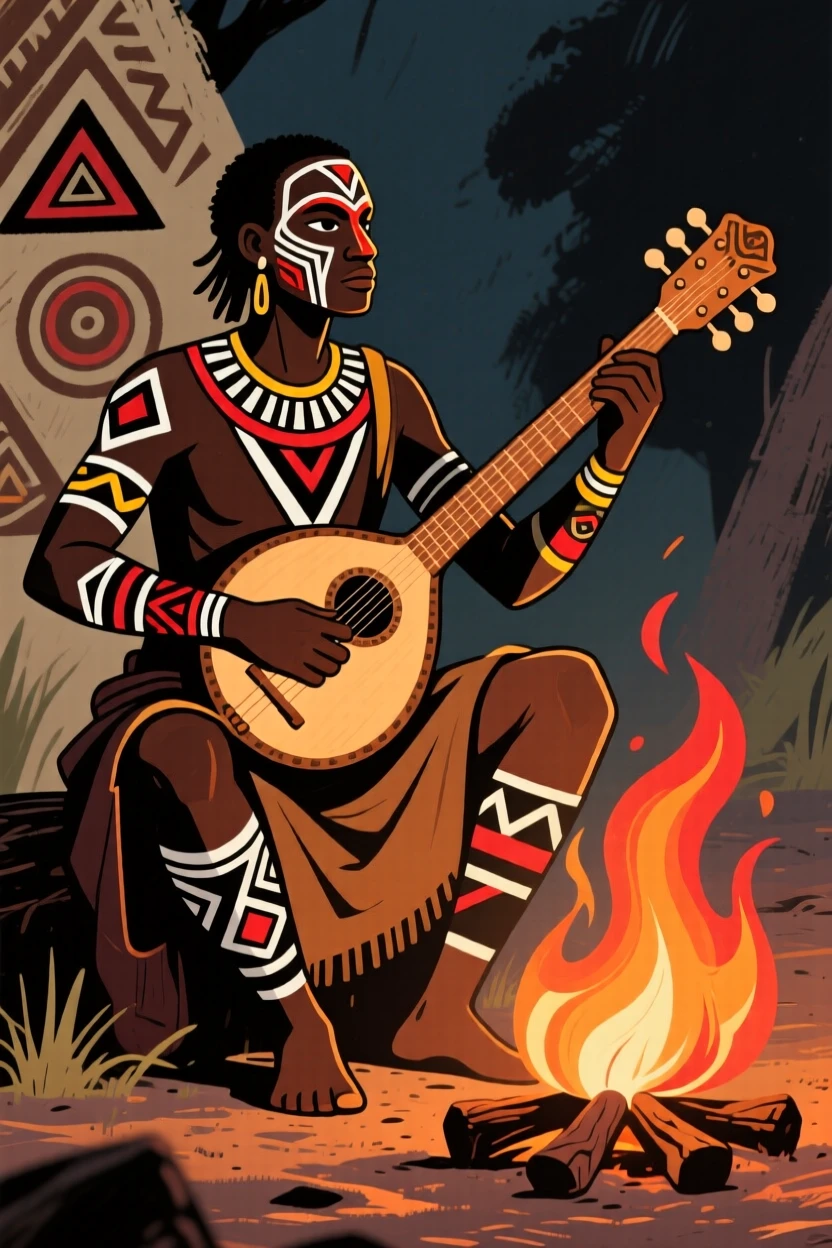 A bard playing a stringed instrument beside a campfire.