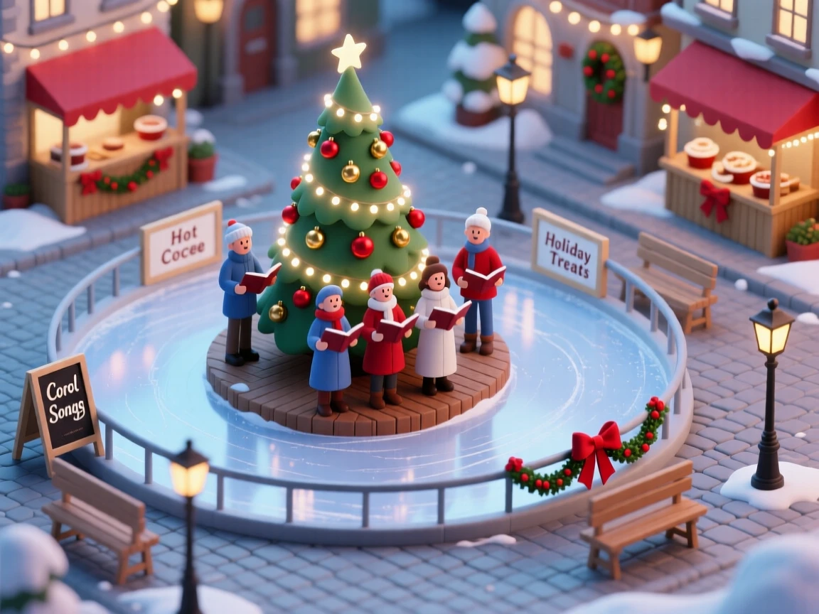 A winter ice skating rink celebration in a town square, a giant Christmas tree glowing at the center, carolers singing nearby.