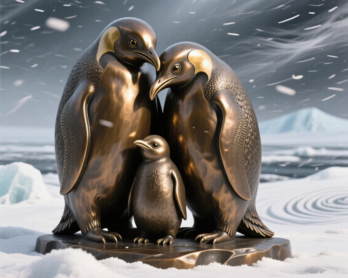 A family of penguins huddled against a blizzard, with striking, expressive eyes, evoking wonder and majesty