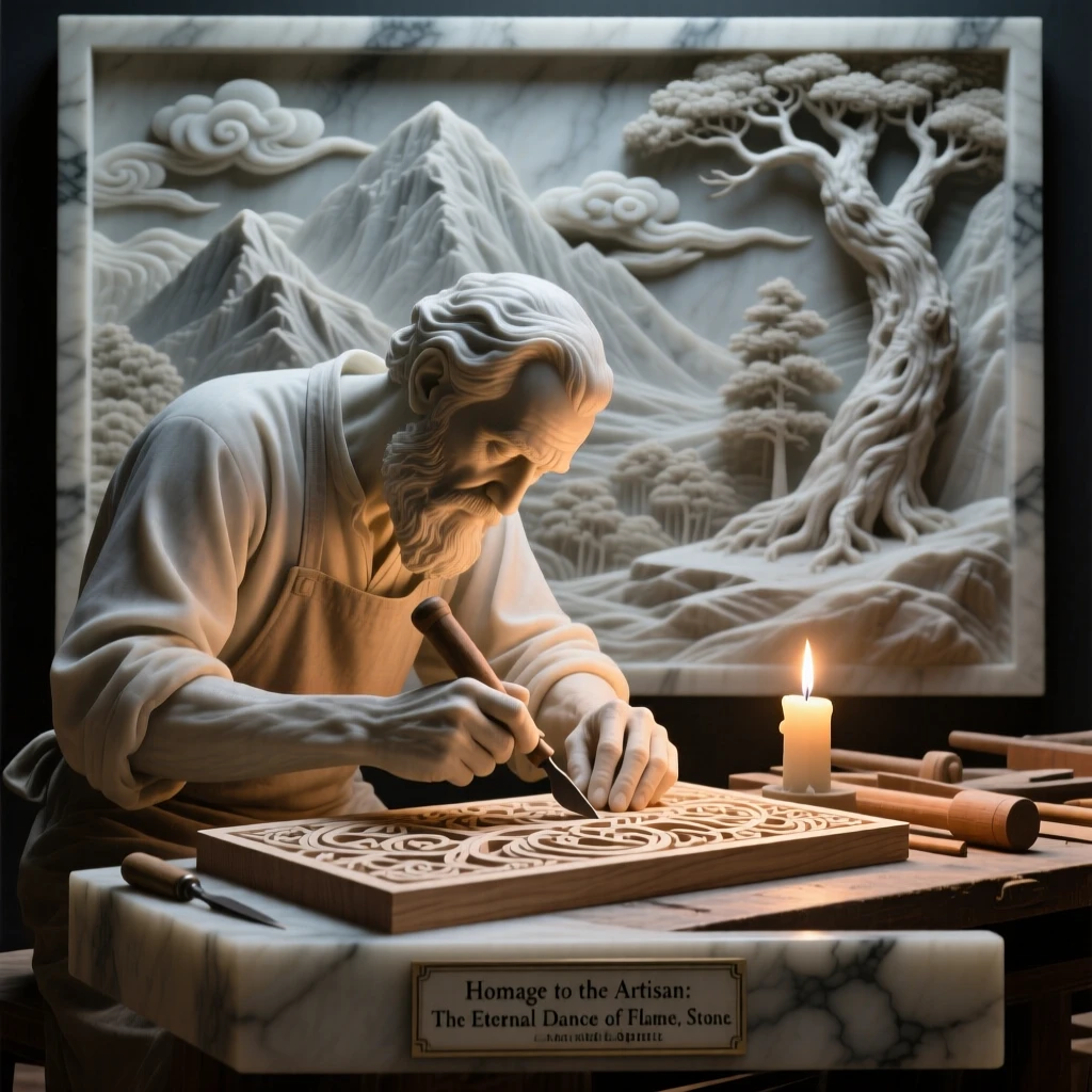 A vivid, emotionally rich scene of an artisan carving intricate patterns by candlelight, framed by dramatic natural scenery, designed to captivate and inspire