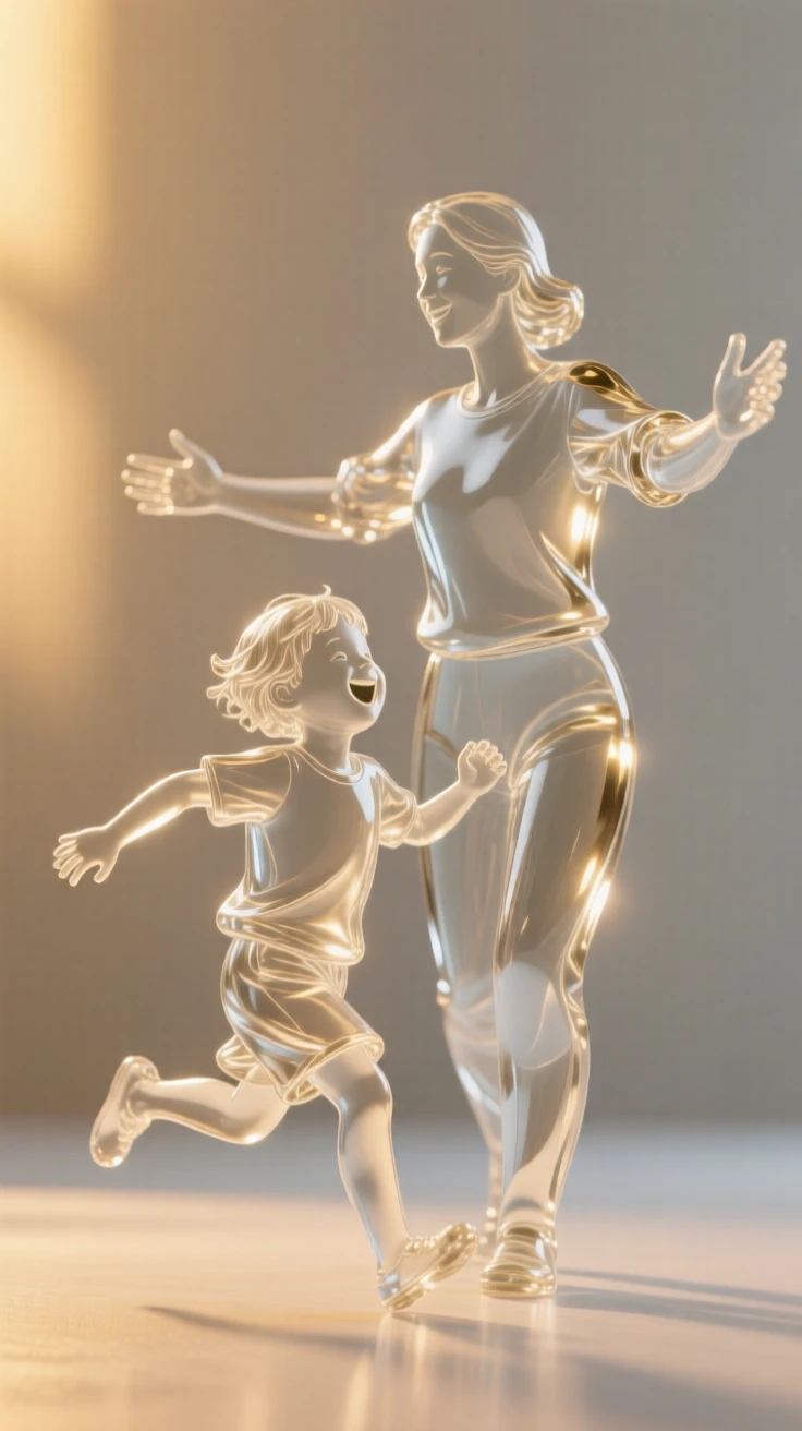 A child running joyfully into a parent's open arms, as golden light spills across the room