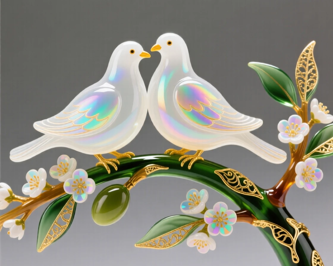 A pair of doves perched together on a blossoming olive branch, peaceful and symbolic.