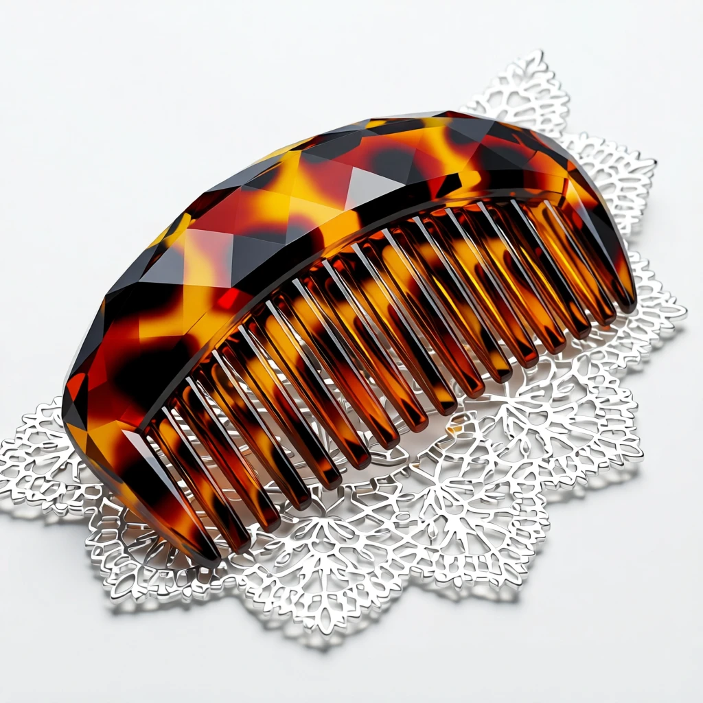 An elegant tortoiseshell hair comb resting on a lace handkerchief.