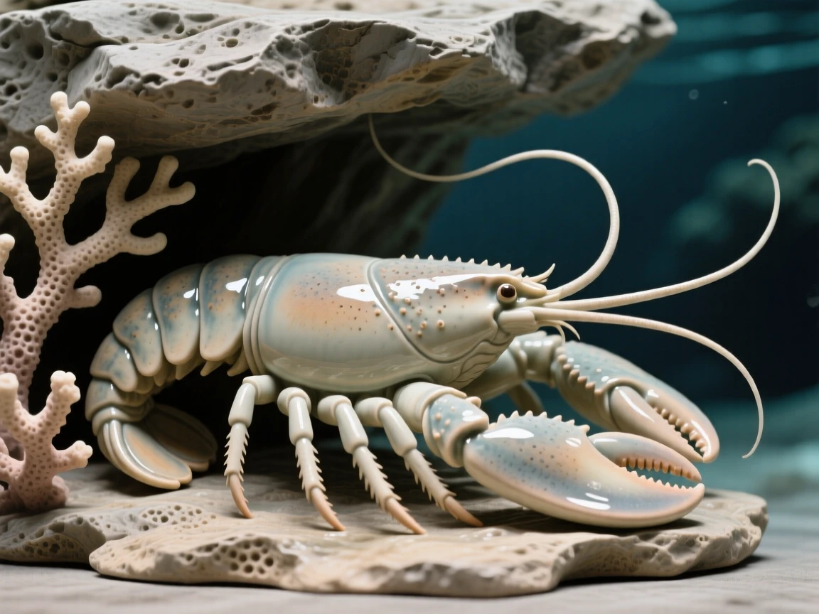 A lobster resting beneath a rocky ledge curled gracefully around swaying coral, its fins trailing like delicate ribbons, conveying calm, fluid tranquility.