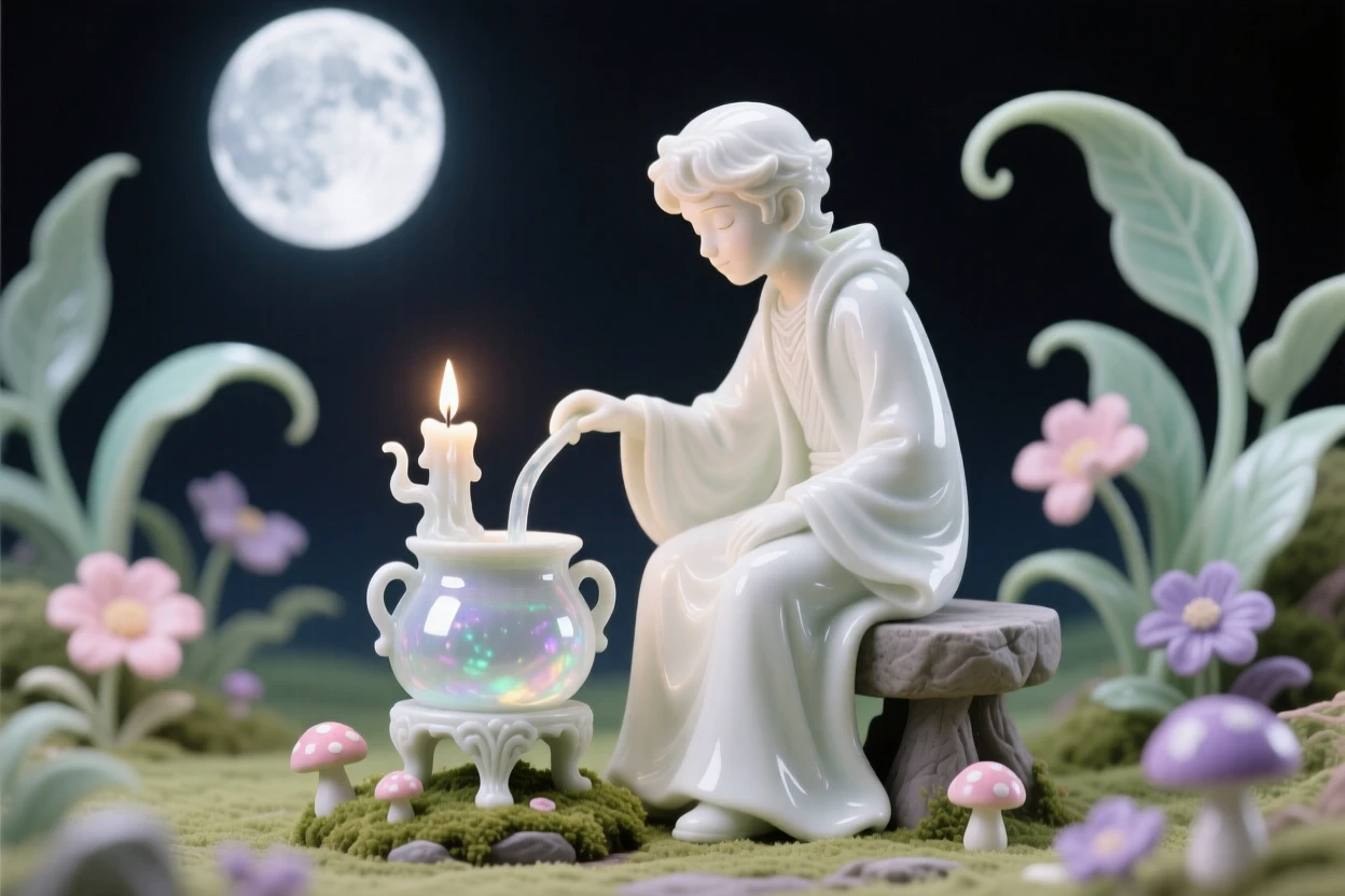 A whimsical scene of an enchanted prince brewing a shimmering potion by candlelight in a moonlit fairy glen.