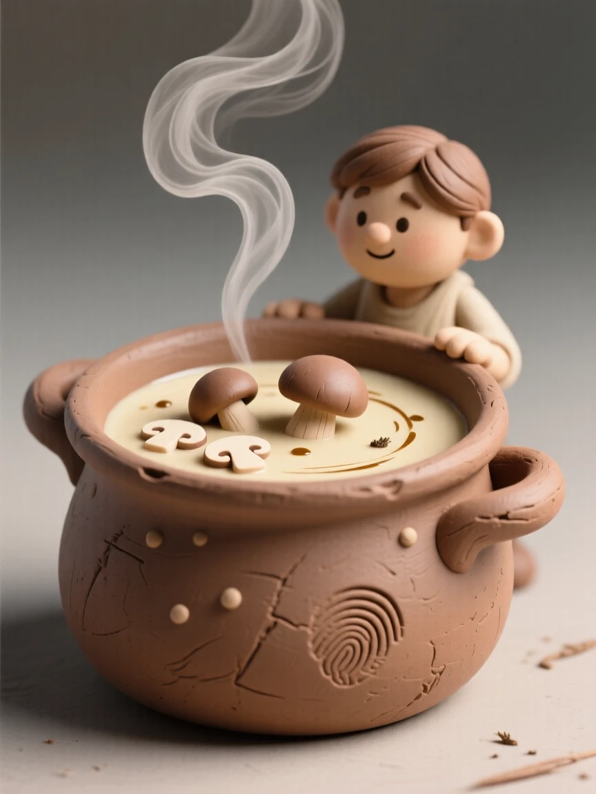 A steaming pot of mushroom soup garnished with truffle oil
