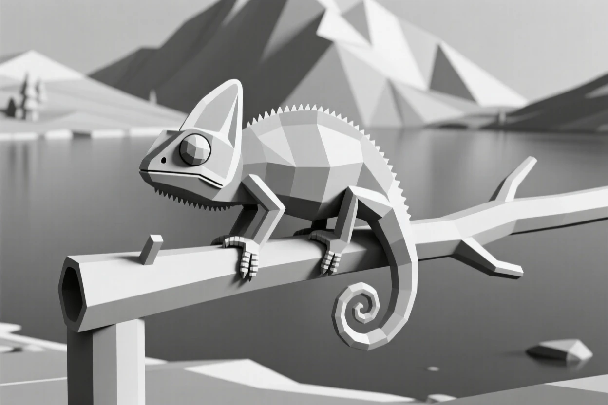 A chameleon perfectly camouflaged on a branch, beside a crystal-clear mountain lake. the composition centers the subject with a shallow depth of field. The scene radiates quiet strength.