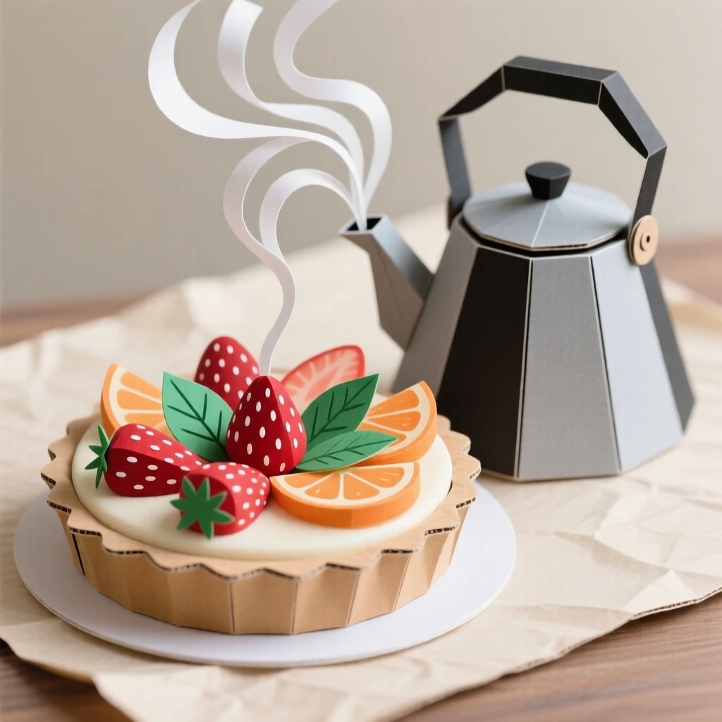 A fresh-baked fruit tart set beside a steaming kettle, with vibrant garnishes adding a pop of color, capturing the artistry of fine cuisine.