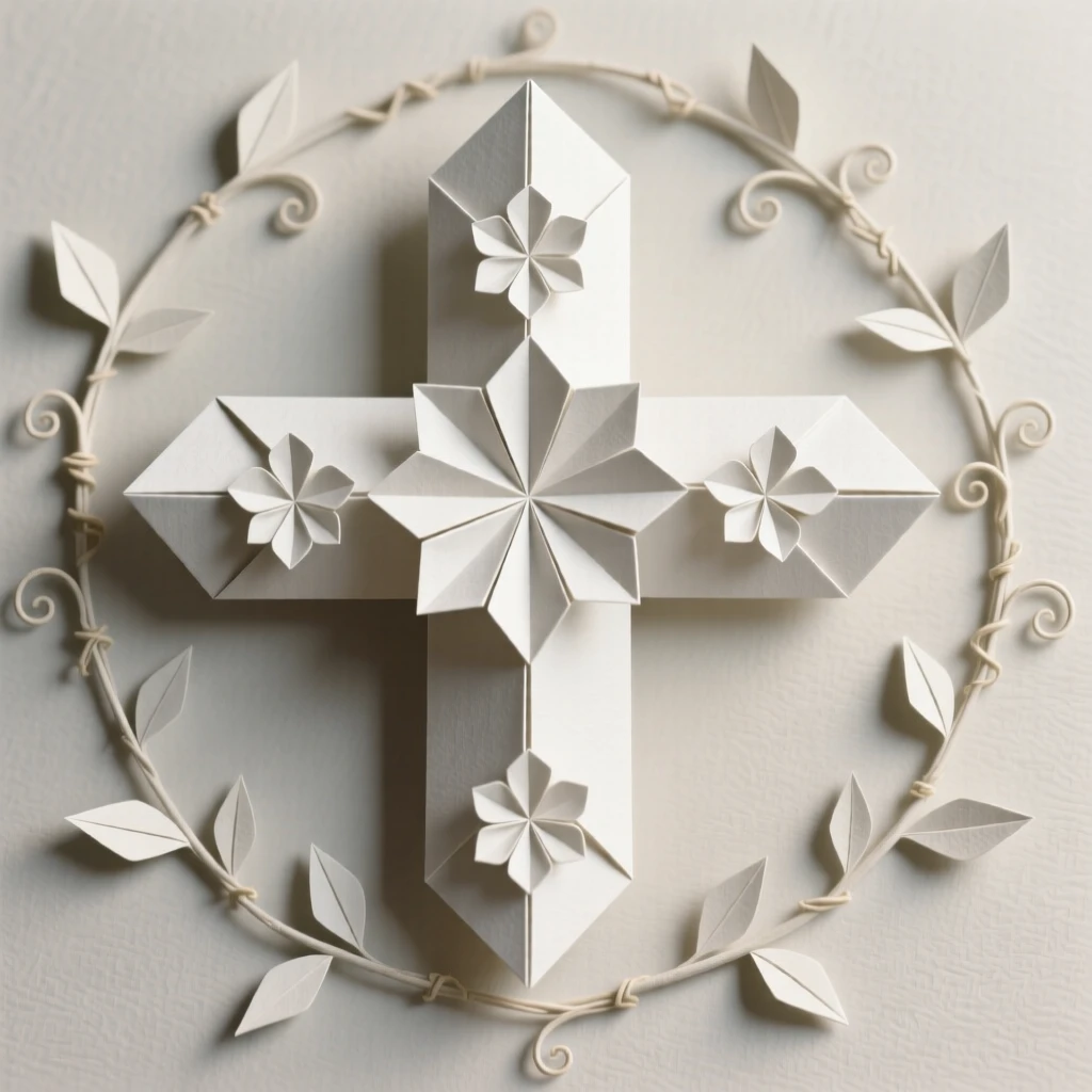 An elegant floral cross design bordered by small trailing vines.
