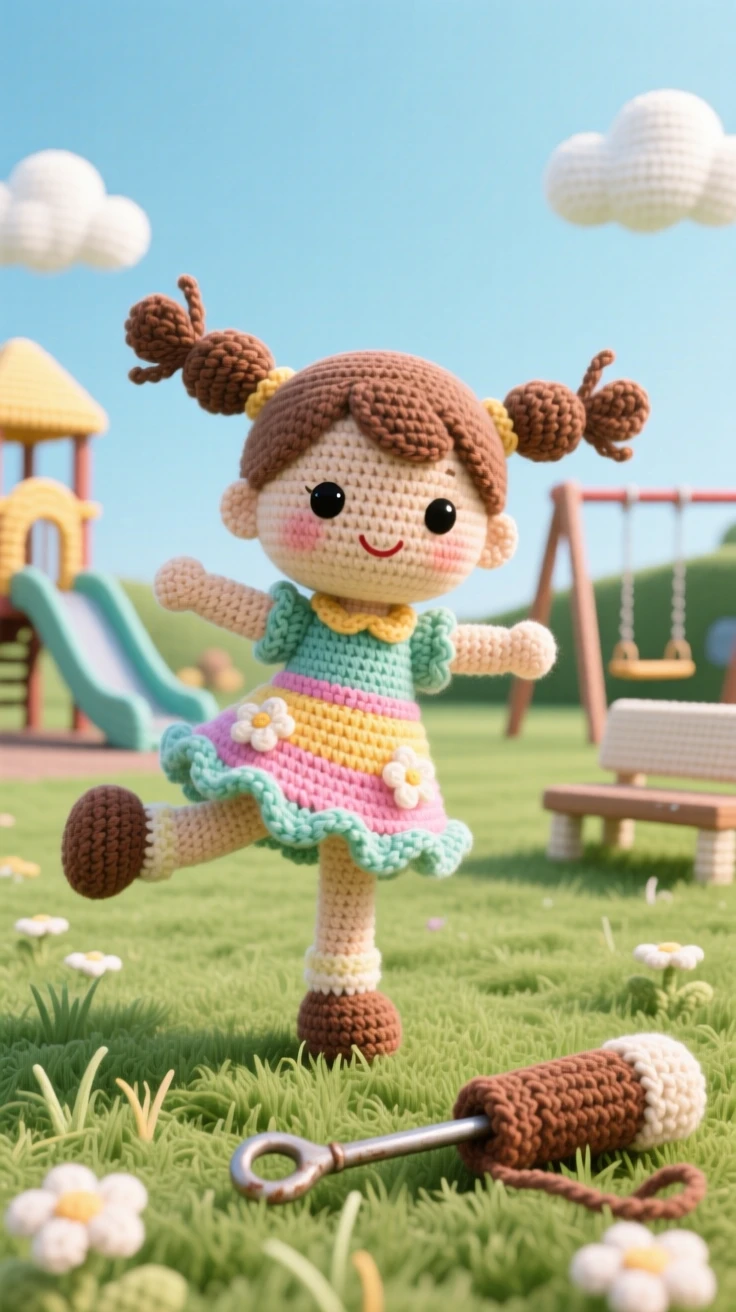 A cheerful scene of a little girl doing a cartwheel with pigtails flying, captured mid-motion on a grassy lawn within a community playground on a clear day; a favorite well-worn tool resting close by nearby, full of the simple happiness of a favorite pastime.
