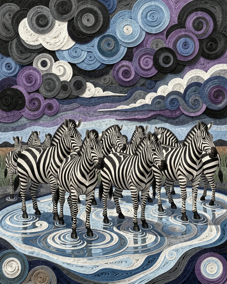 a herd of zebras gathered at a watering hole, surrounded by softly rippling water, shot from a low, powerful ground-level angle, in the dramatic contrast of a stormy sky.