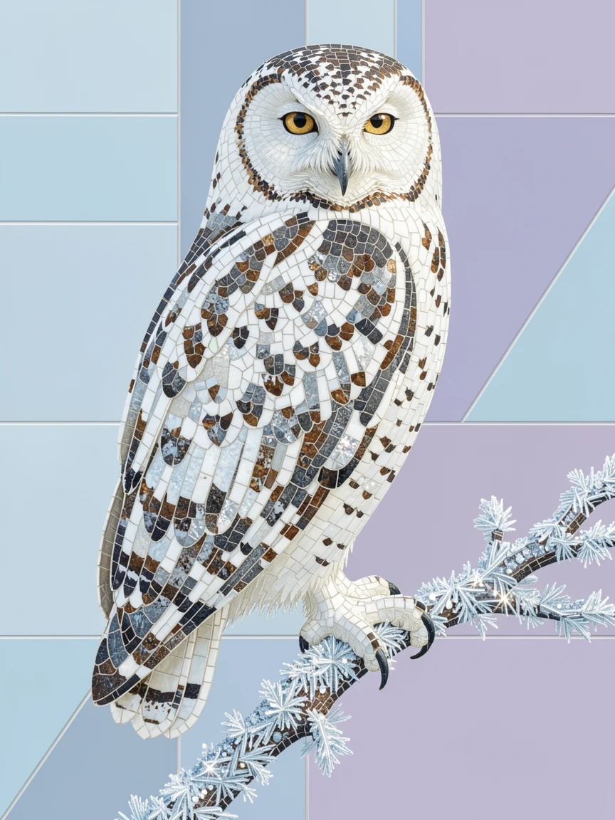 A snowy owl perched on a frost-covered branch, captured in soft natural light with a shallow depth of field.