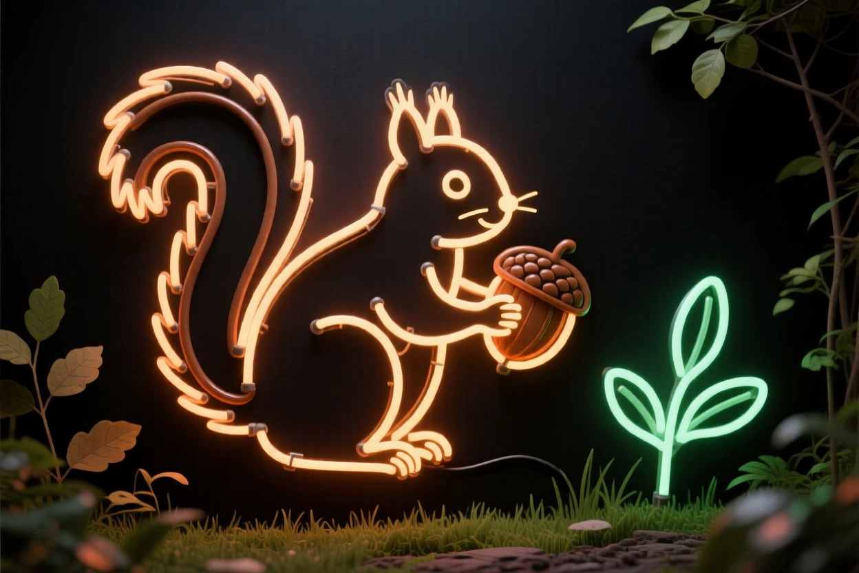 a squirrel clutching an acorn in a quiet backyard garden.