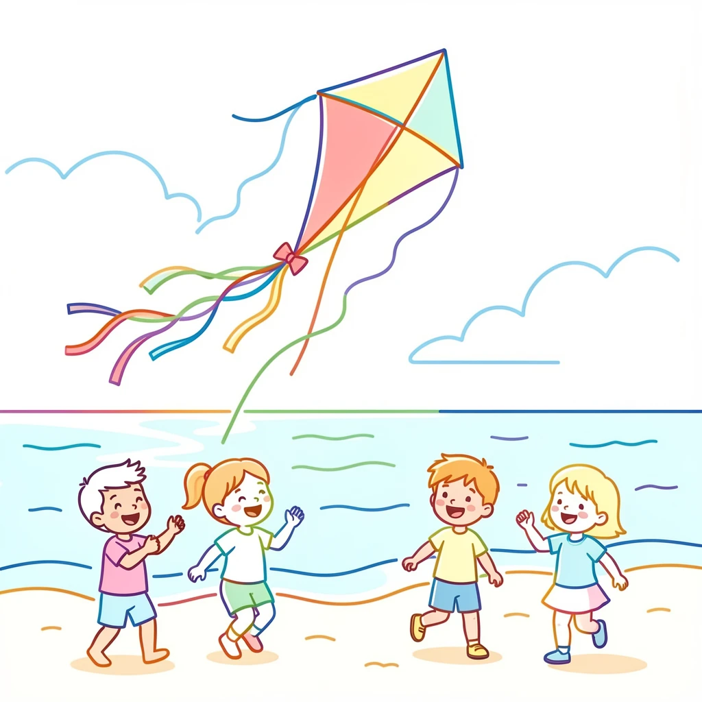 A single kite flying high above a sunny beach with children below.