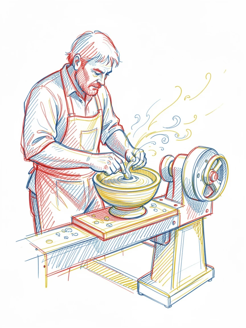 A woodturner shaping a bowl on a spinning lathe, curls of wood flying