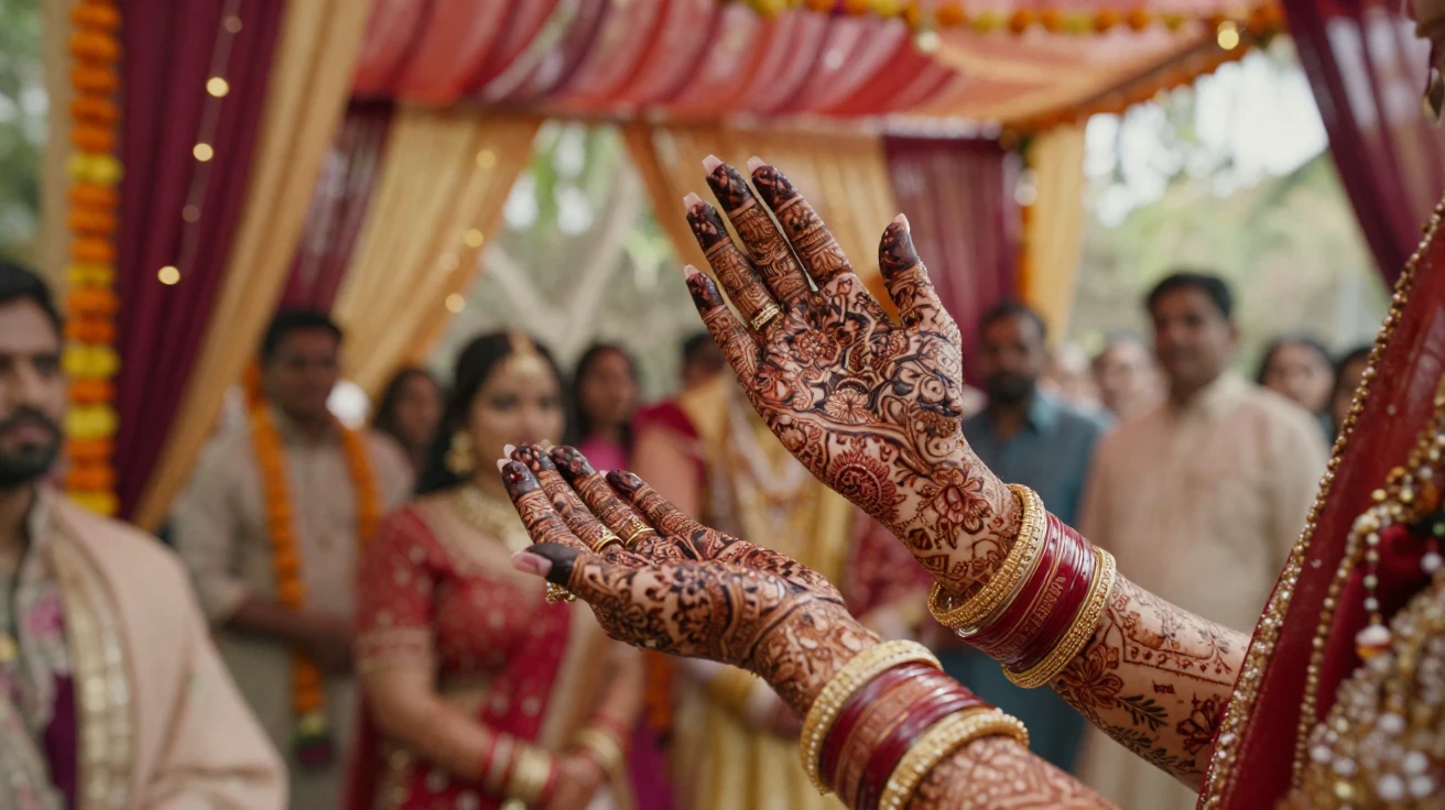 A traditional Indian wedding with vibrant henna-painted hands