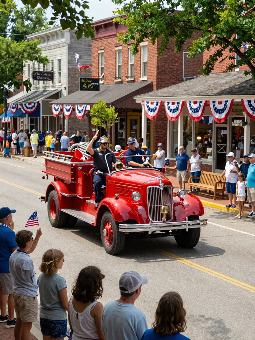 A vintage fire truck leads a small town parade down Main Street.