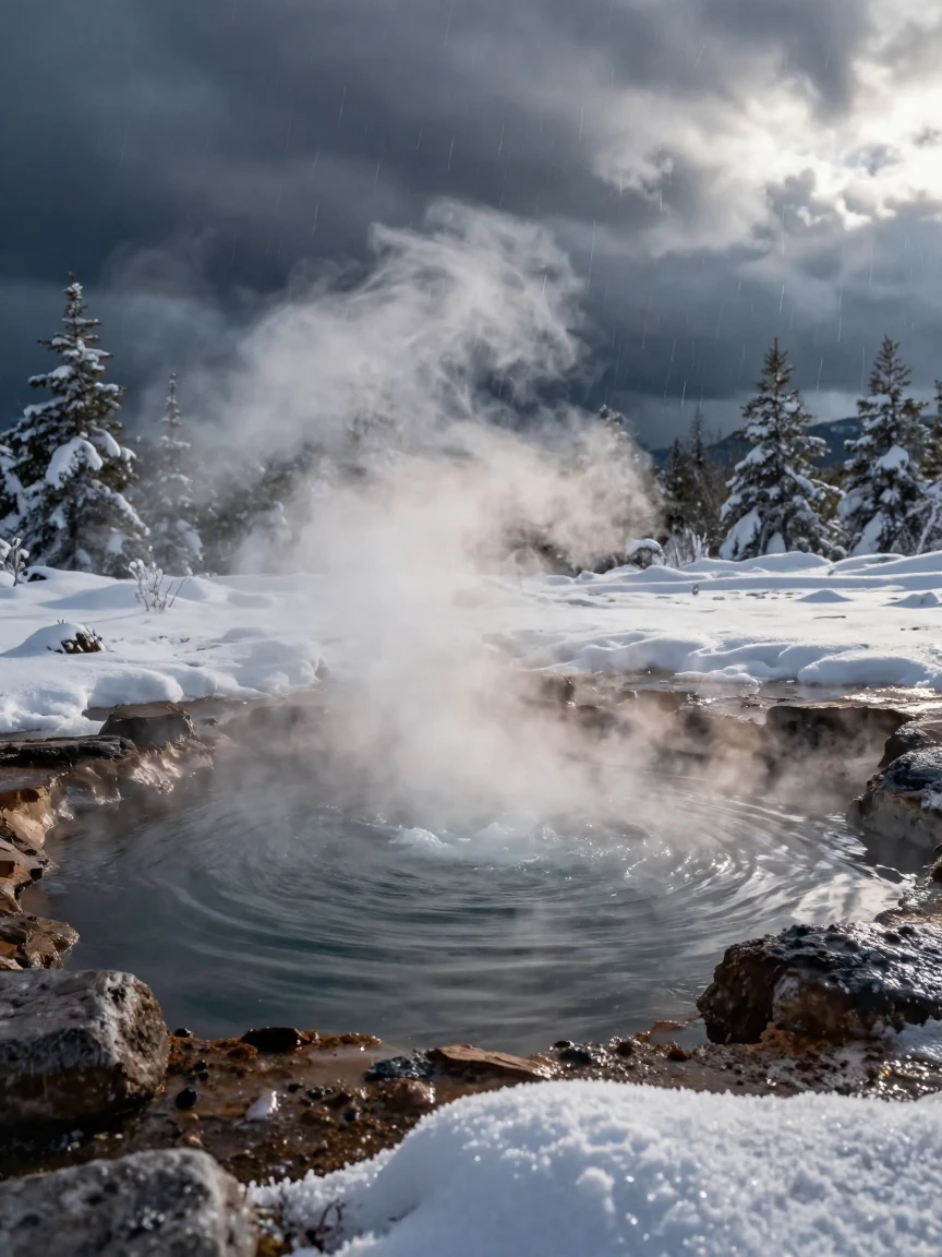 A steaming volcanic hot spring surrounded by snow during a sudden summer storm