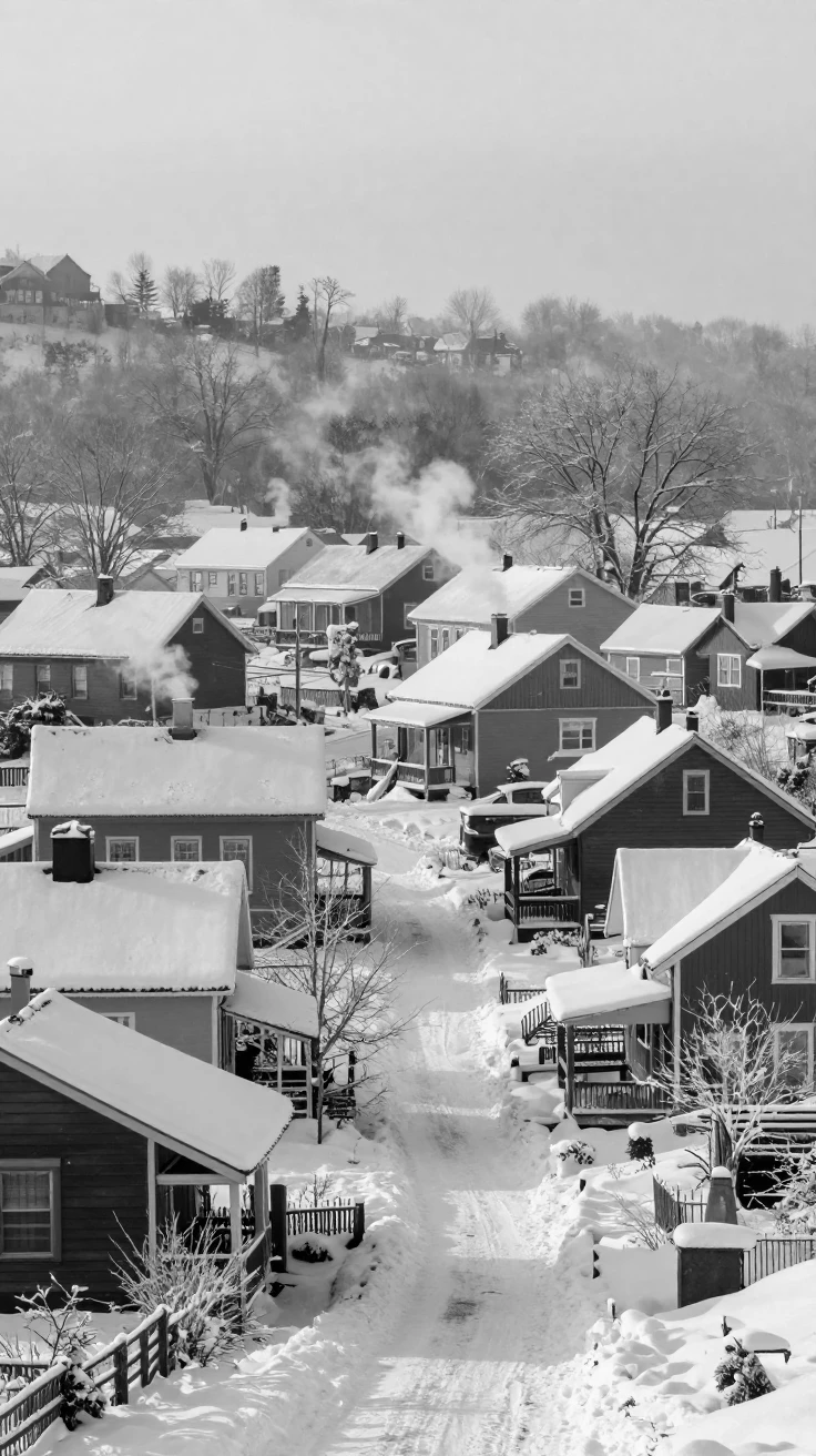 A snow-covered village sits quietly under a blanket of fresh snow beside frosted rooftops.