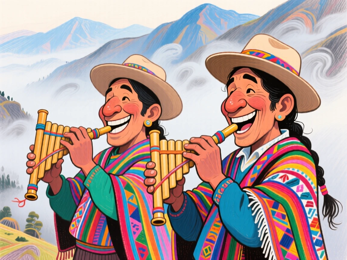 Traditional Andean musicians playing panpipes high in the misty mountains.