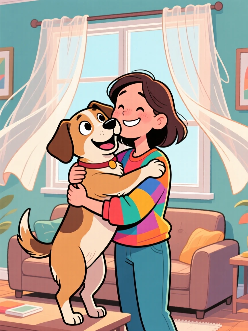 A heartwarming moment depicting a rescued shelter dog comforting a loved one with a warm hug, as a gentle breeze stirs nearby curtains.