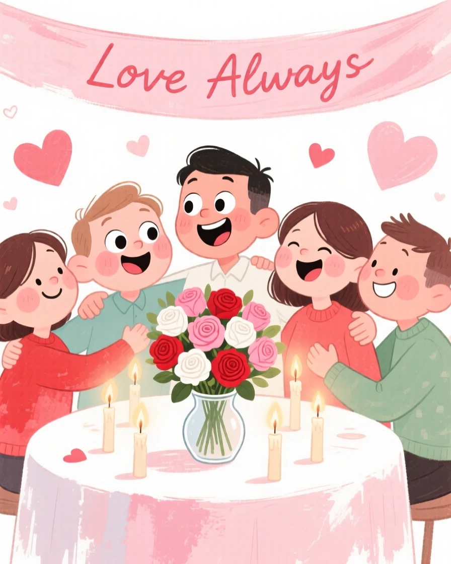 A joyful celebration scene of a Valentine's Day scene with roses and candlelight, radiating cozy holiday cheer
