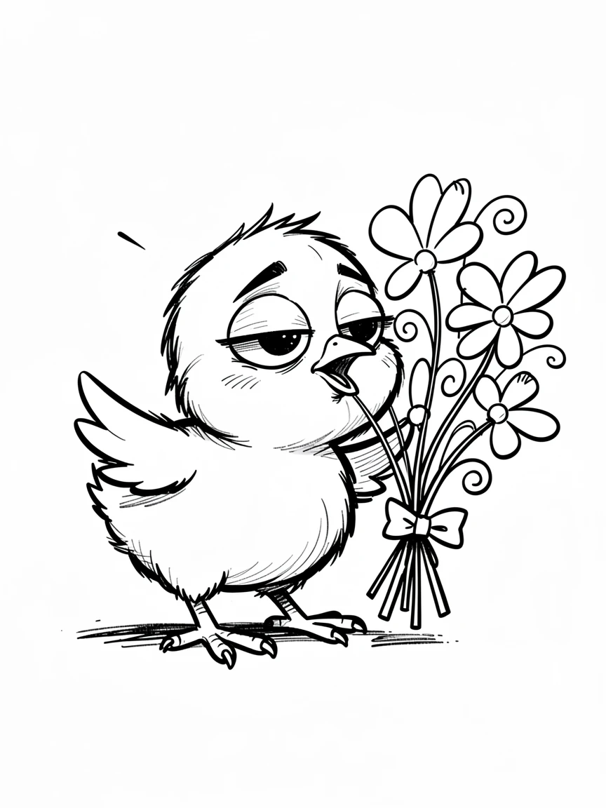 [Cute Animals & Pets] Adorable scene of a sleepy chick sniffing a bouquet of flowers, bursting with charm and playful energy
