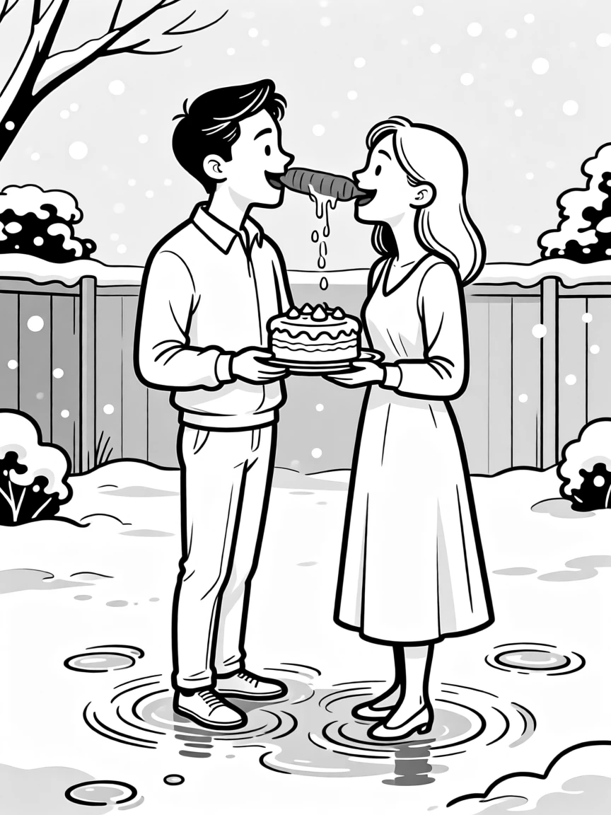 A couple feeding each other messy bites of cake, sticking a crooked carrot nose on together, set in a snow-covered backyard. Puddle ripples spread outward with every step. It captures romance in its most playful, everyday form.