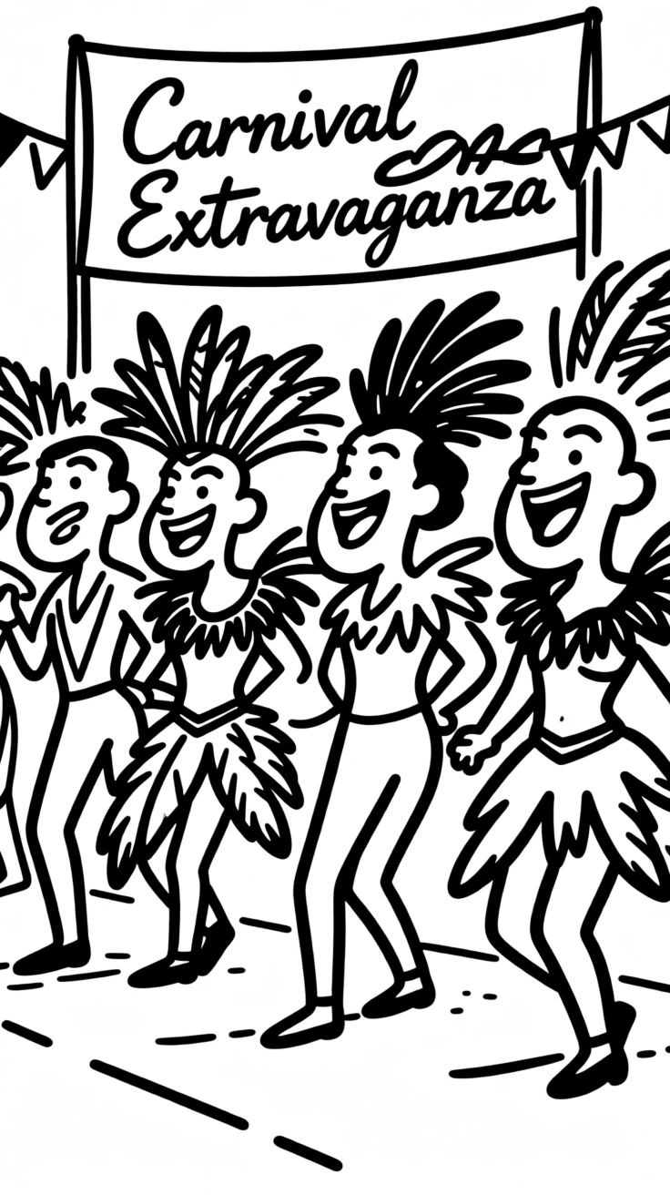 A vibrant carnival parade with dancers in elaborate feathered costumes.
