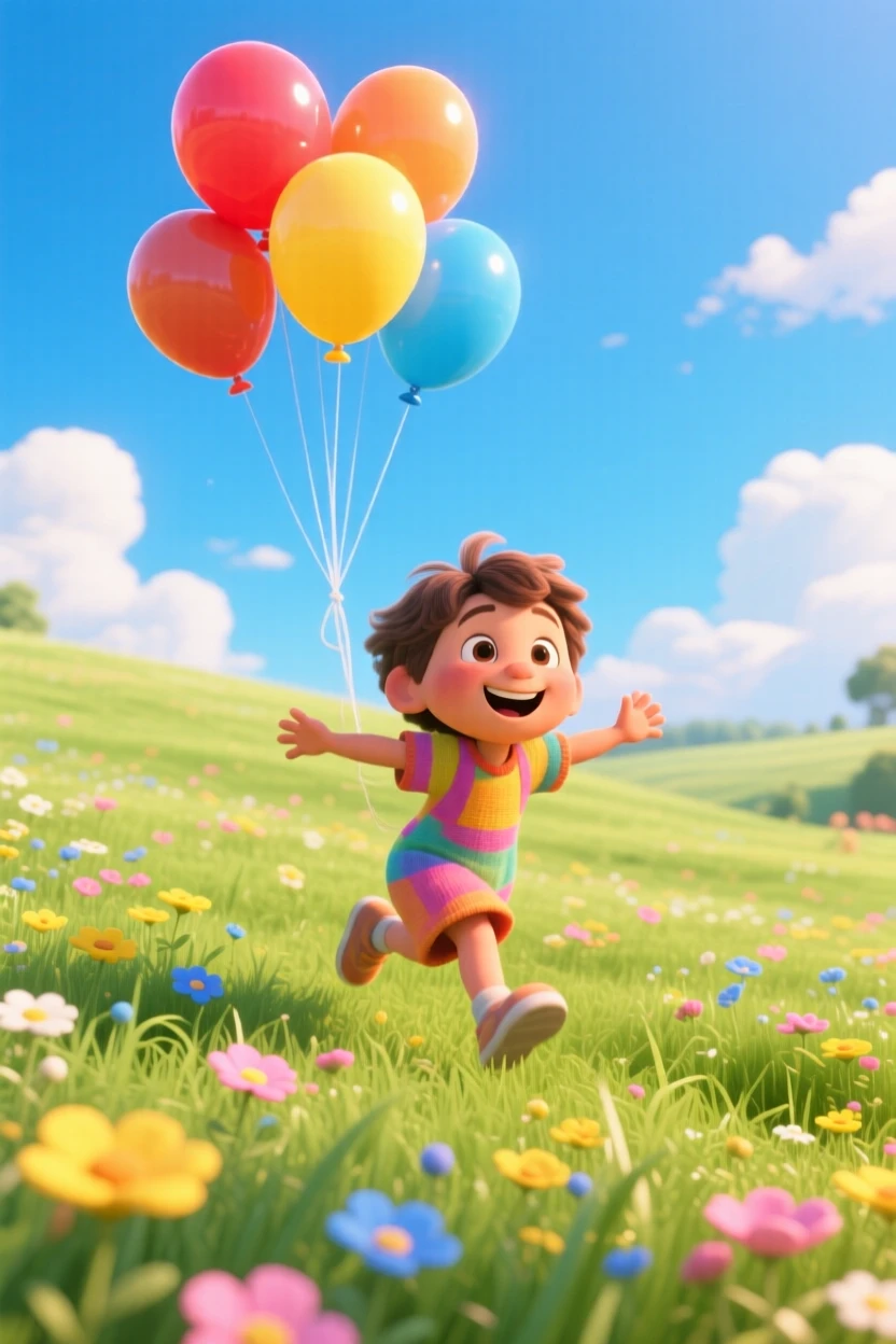 A child running through a field with arms outstretched unfolds in a wide open field under a bright blue sky, with balloons floating gently upward. The atmosphere glows with gratitude and delight.