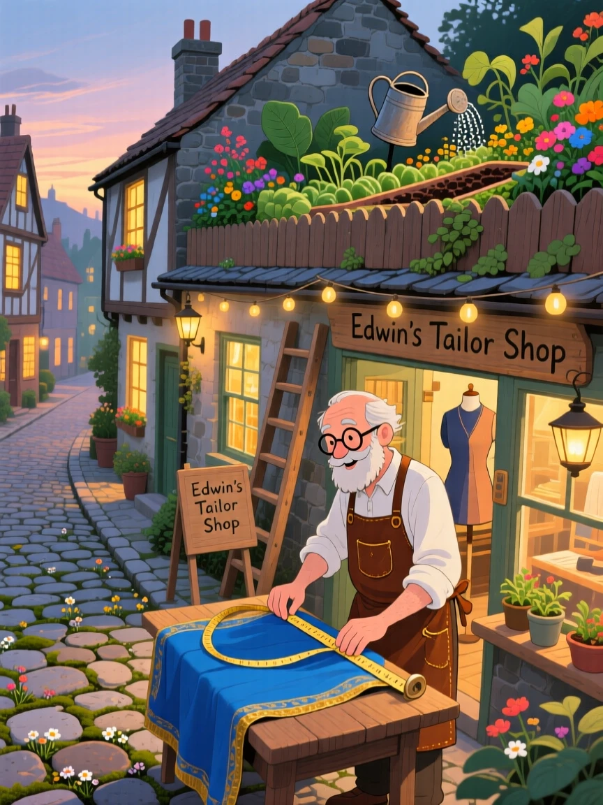 In a cobblestone village street, a tailor measuring fabric is busy tending a rooftop garden, with warm light spilling from every window.