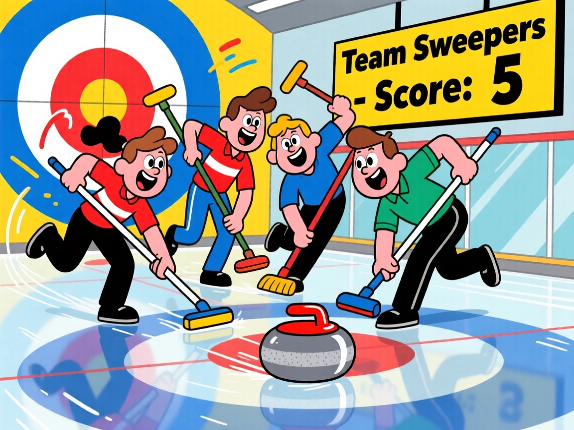 A curling team sweeping enthusiastically toward the target.