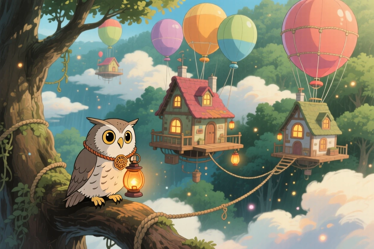 A balloon village drifting gently above a forest canopy, where an owl wearing a tiny lantern around its neck can be seen nearby, the atmosphere dreamlike and inviting.