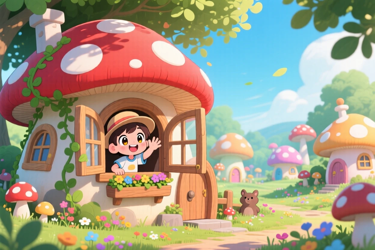 A small child waving from a window of a mushroom-shaped cottage in a whimsical fungal village under a clear summer sky; dappled sunlight through a canopy washes over the scene as giggling amusement fills the moment. Three-quarter view.