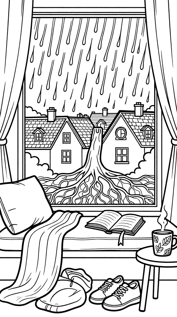 A window seat overlooking rain-streaked glass and rooftops, with delicate roots visible through the glass.