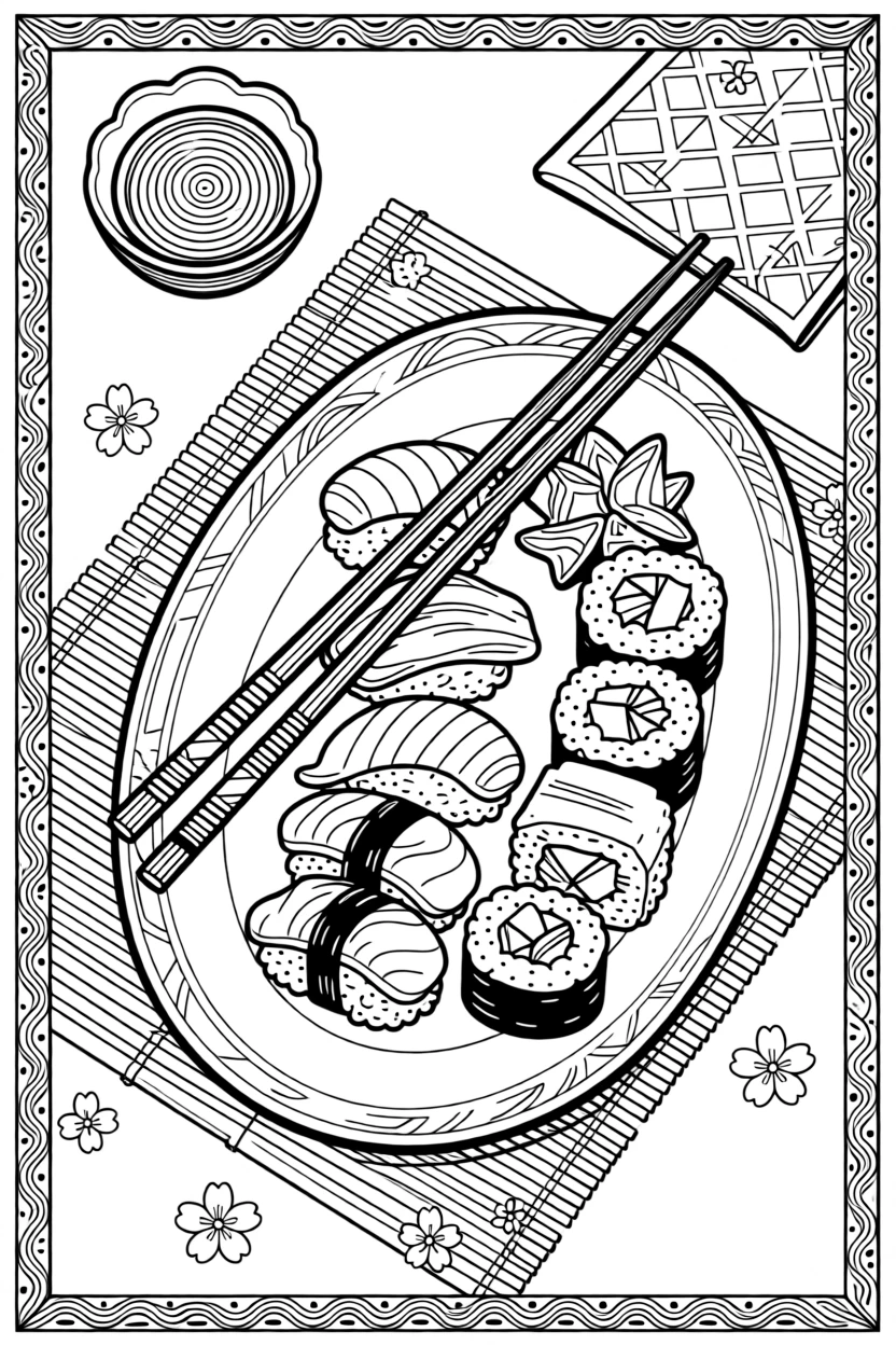 A sushi platter arranged artfully with chopsticks and pickled ginger.