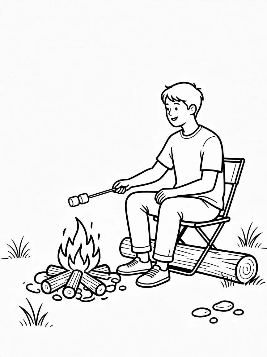 A camper roasting marshmallows over a campfire