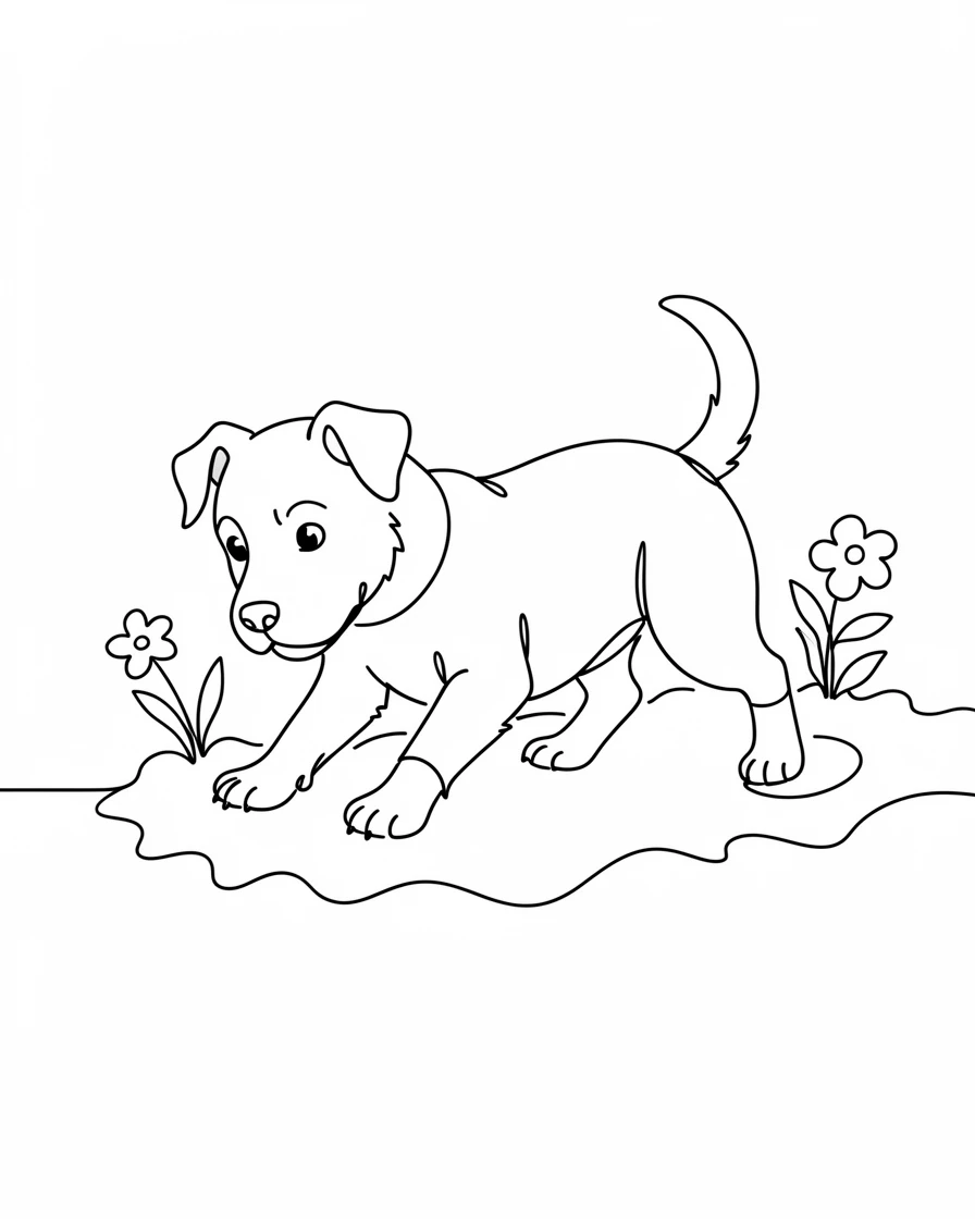 A small terrier digging enthusiastically in a backyard flower bed