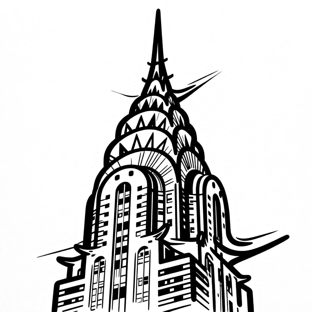 The Chrysler Building's Art Deco spire glinting in the New York skyline.