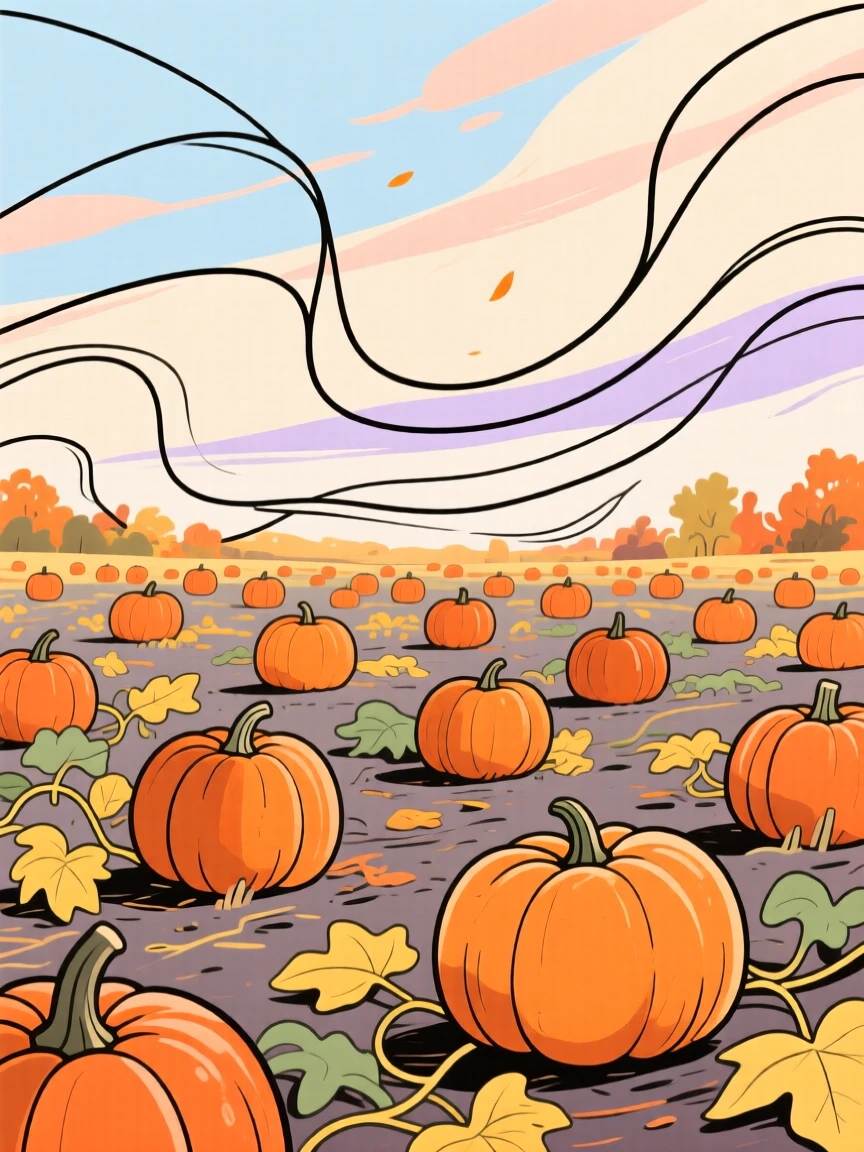 A pumpkin patch filled with orange gourds under an autumn sky.