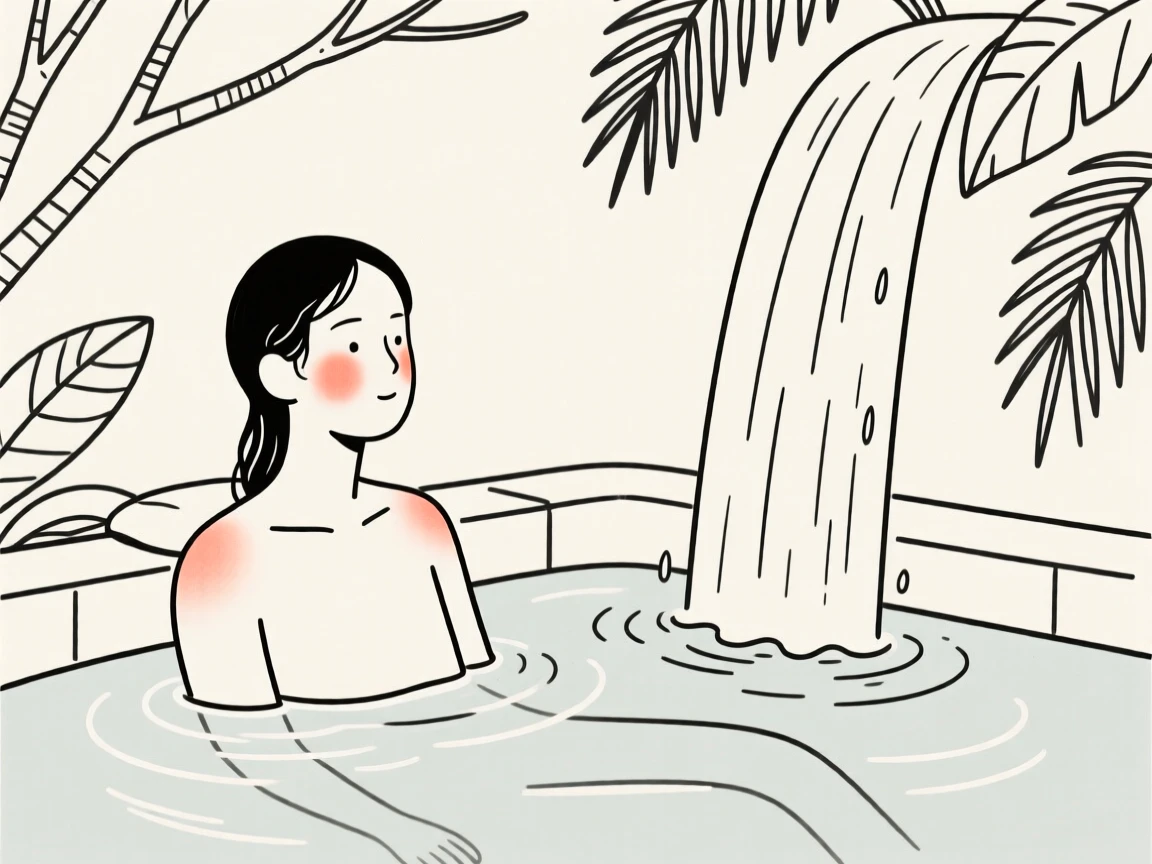 An athlete soaking in a warm outdoor bath, by a waterfall in the jungle.