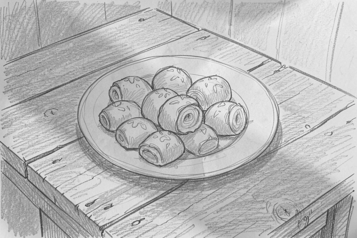 An appetizing still life of a plate of delicate pastries on a rustic wooden table, with morning light streaming across the scene.