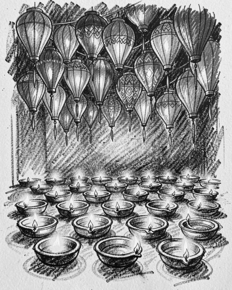 A Diwali celebration with rows of glowing oil lamps, under a canopy of colorful lanterns.