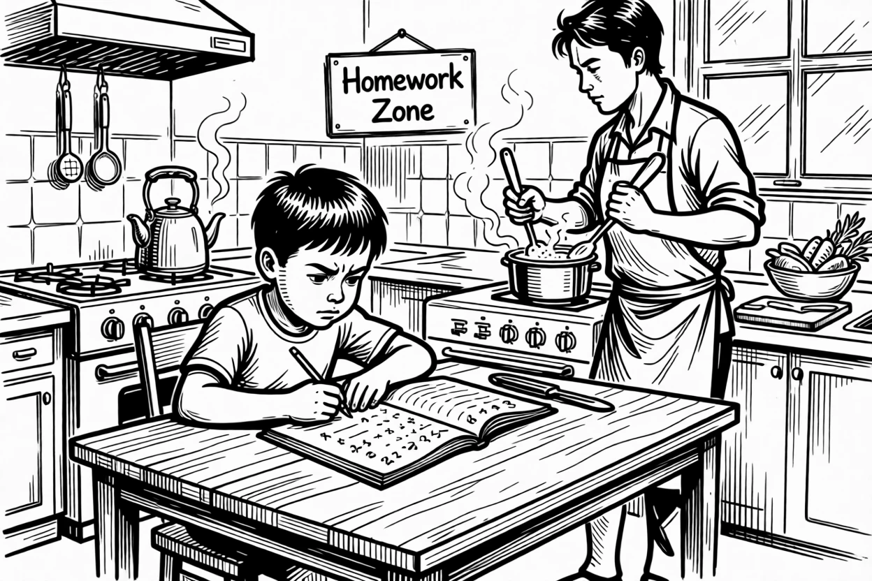 A child doing homework at the kitchen table while a parent cooks nearby.