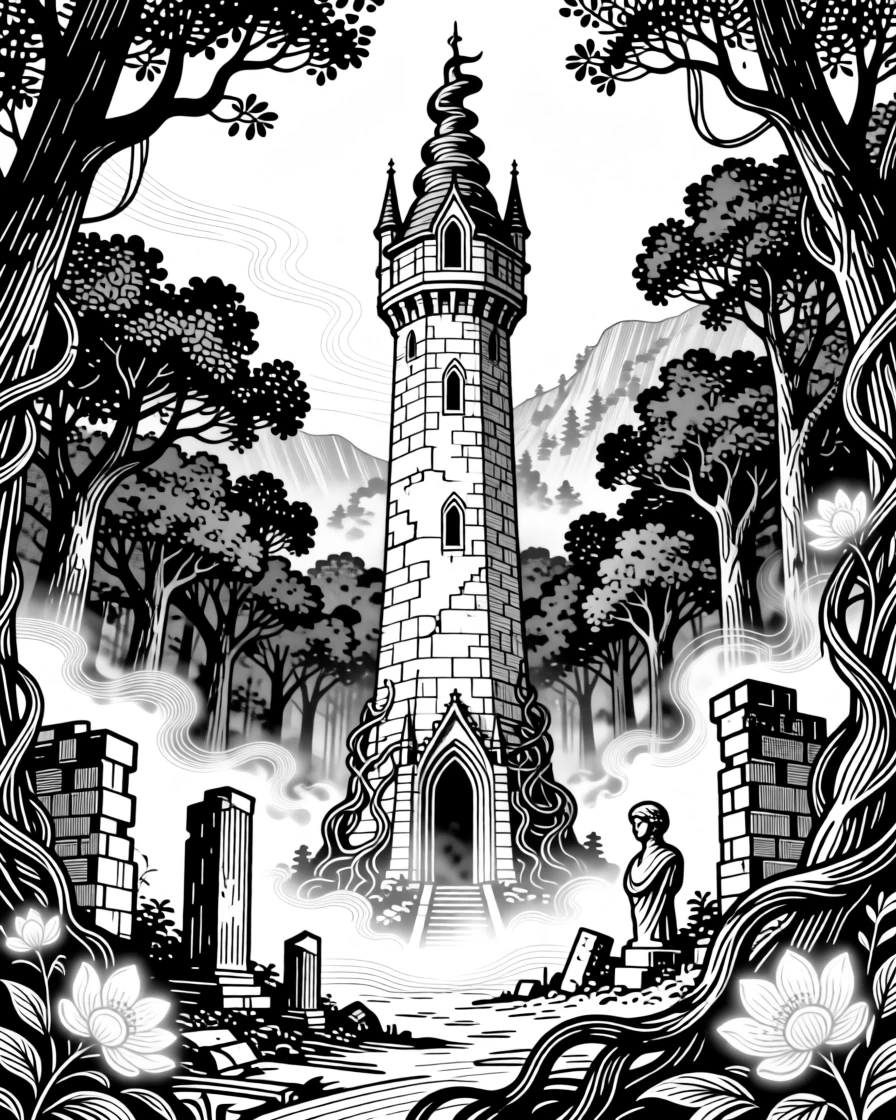 A wizard's tower rising from a misty forest in a valley scattered with ancient ruins, with vines wrapped with softly glowing blossoms, forming a mysterious and enchanting fantasy scene.