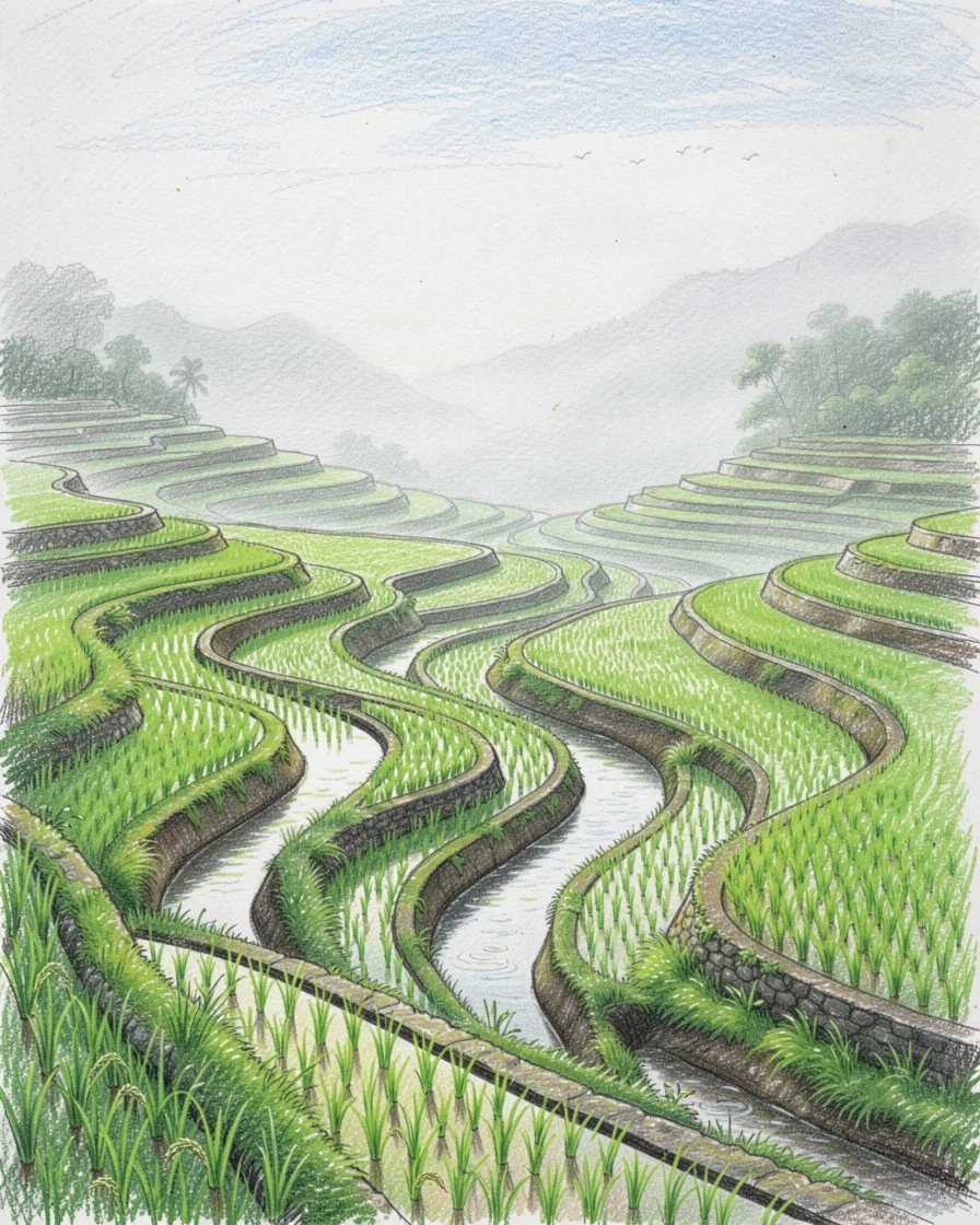 A Balinese rice terrace glowing green under a misty morning sky, with delicate details that reward a closer look, perfect for anyone drawn to gentle, heartfelt imagery.
