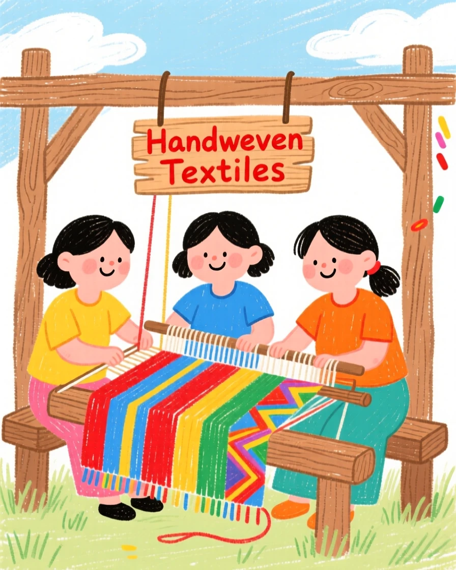 Women weaving colorful textiles on a traditional wooden loom.